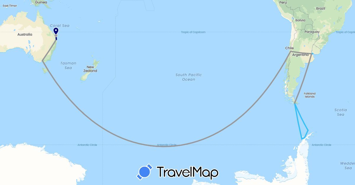 TravelMap itinerary: driving, plane, boat in Argentina, Australia, Chile, Uruguay (Oceania, South America)
